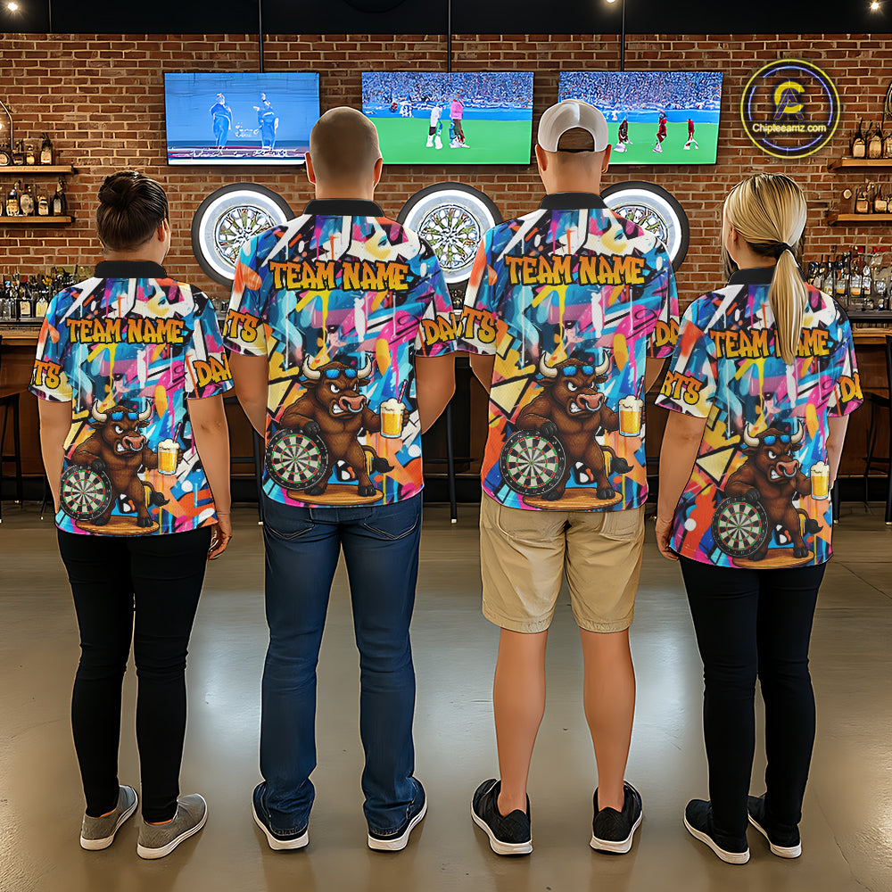 Funny Bull Colorful Graffiti Darts Shirt For Women Custom Darts Team Jersey Polo & 1/4 Zip TDM6465
