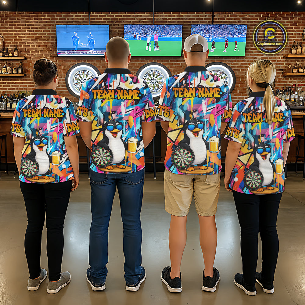 Funny Penguin Colorful Graffiti Darts Shirt For Women Custom Darts Team Jersey Polo & 1/4 Zip TDM6466