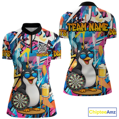 Funny Penguin Colorful Graffiti Darts Shirt For Women Custom Darts Team Jersey Polo & 1/4 Zip TDM6466