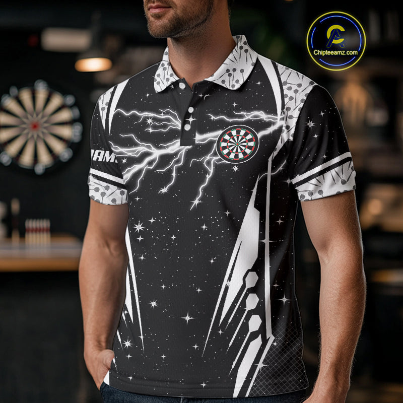 Personalized Thunder Lightning Dart Jersey For Men, Black White Darts Team Shirt Polo & 1/4 Zip TDM4123