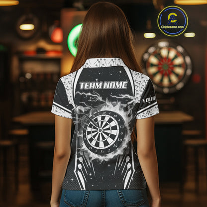 Personalized Thunder Lightning Dart Jersey For Women, Black White Darts Team Shirt Polo & 1/4 Zip TDM4123