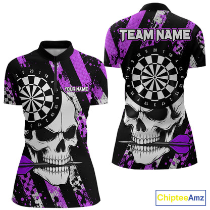 Purple camo stripes skull darts quarter zip shirt for women designed for tournaments and team competition.