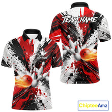 Load image into Gallery viewer, Red splatter bowling ball and pins bowling polo shirt for men with custom bowling team graphics.