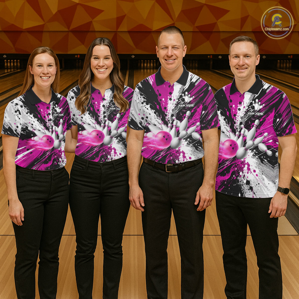 Bowling team wearing matching pink splatter bowling jerseys during tournament play front view.