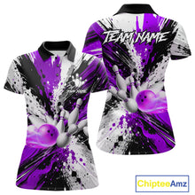 Load image into Gallery viewer, Purple splatter bowling ball and pins bowling polo shirt for women with custom league team graphics.