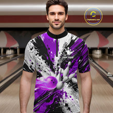 Load image into Gallery viewer, Man wearing a purple splatter bowling quarter zip jersey during league competition front view.