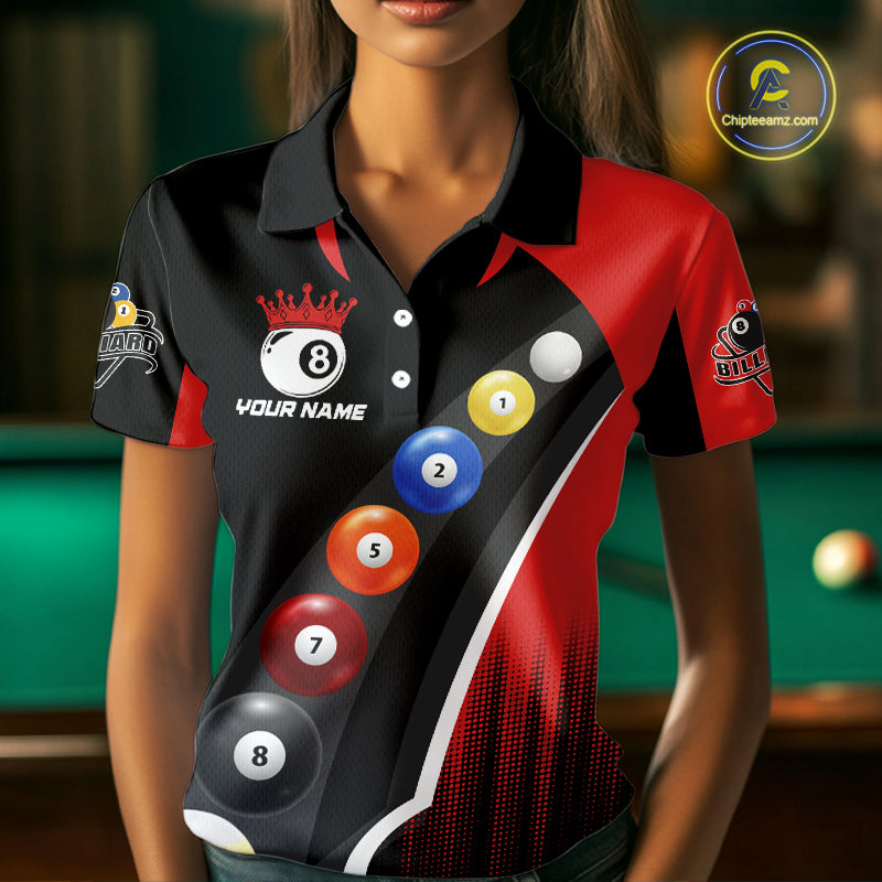 Personalized Red Black Billiard Shirt For Women Custom Funny Pool Balls Team Jersey Polo & 1/4 Zip TDM4496