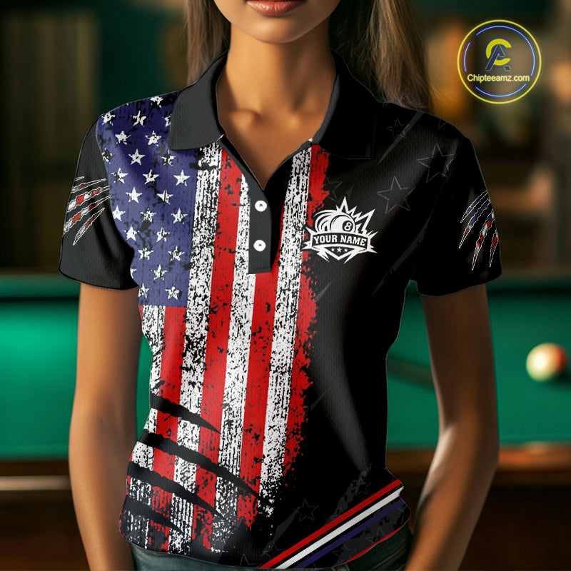Personalized American Flag Billiard Shirt For Women Custom Grunge Vintage Patriotic Pool Team Jersey TDM4499