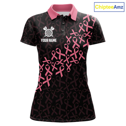 Pink Ribbons American Flag Breast Cancer Awareness Darts Polo Shirt for Women Featuring Patriotic Pink Ribbon Artwork for Dart League Players, Team Competition, and Awareness Tournaments