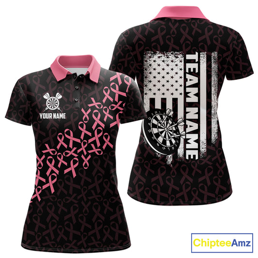 Pink Ribbons American Flag Breast Cancer Awareness Darts Polo Shirt for Women Featuring Patriotic Pink Ribbon Artwork for Dart League Players, Team Competition, and Awareness Tournaments