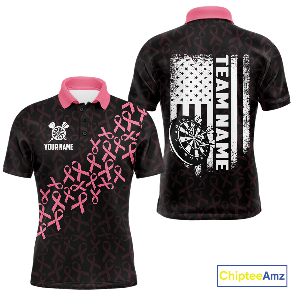 Pink Ribbons American Flag Breast Cancer Awareness Darts Polo Shirt for Men Featuring Patriotic Pink Ribbon Artwork for Dart League Players, Team Competition, and Awareness Tournaments