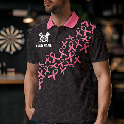 Man Wearing Pink Ribbons Patriotic American Flag Breast Cancer Awareness Darts Polo Shirt with Athletic Performance Fit, Front View