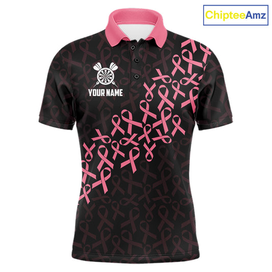 Pink Ribbons Patriotic American Flag Breast Cancer Awareness Darts Polo Shirt for Men Featuring Inspirational Pink Ribbon Artwork for Dart League Players, Team Competition, and Awareness Events