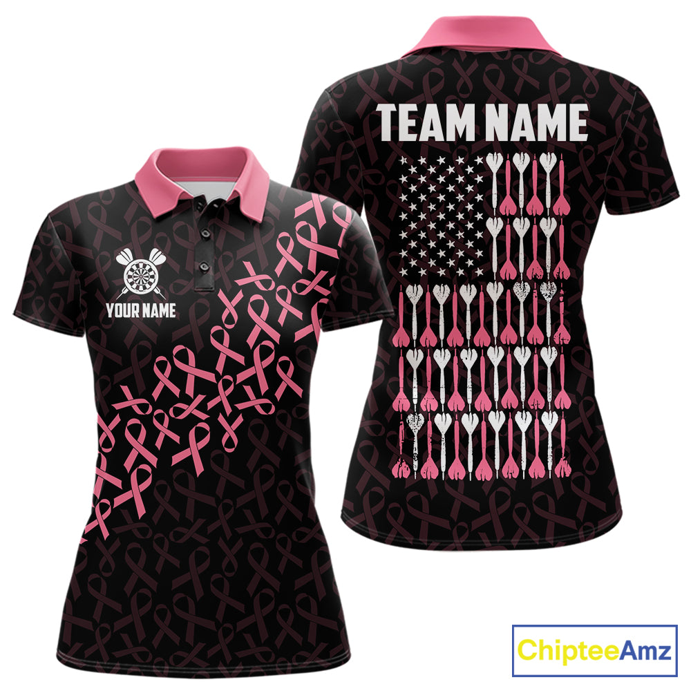 Pink Ribbons Patriotic American Flag Breast Cancer Awareness Darts Polo Shirt for Women Featuring Inspirational Pink Ribbon Artwork for Dart League Players, Team Competition, and Awareness Events
