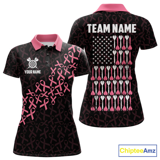 Pink Ribbons Patriotic American Flag Breast Cancer Awareness Darts Polo Shirt for Women Featuring Inspirational Pink Ribbon Artwork for Dart League Players, Team Competition, and Awareness Events