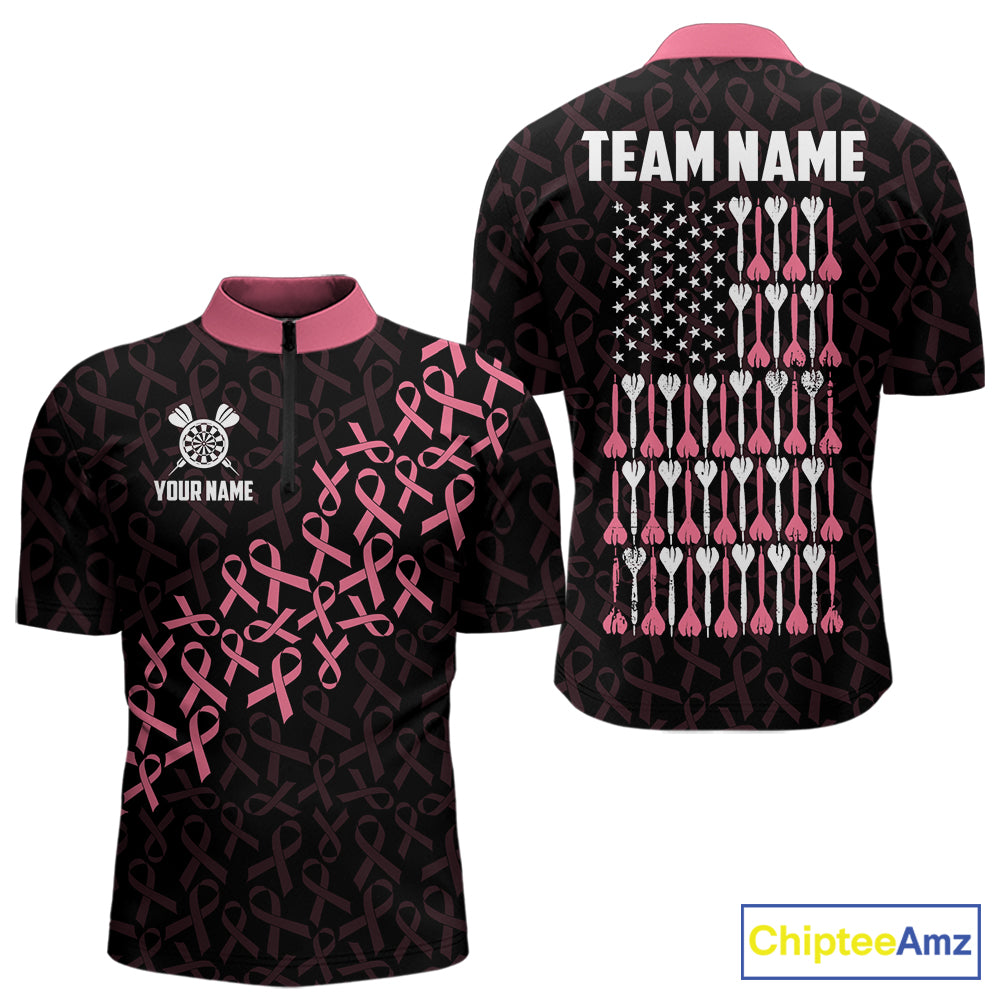 Pink Ribbons Patriotic American Flag Breast Cancer Awareness Quarter Zip Darts Shirt for Men Created for Competitive Dart League Teams with Performance Fabric and Tournament Ready Comfort