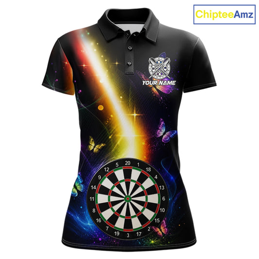Personalized Glowing Light Butterfly Darts Polo Shirt for Women Featuring Colorful Butterfly Artwork with Glowing Effects for Dart League Players, Team Competition, Tournament Events, and Unique Darts Gifts