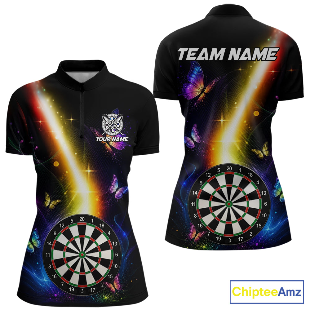 Personalized Glowing Light Butterfly Quarter Zip Darts Shirt for Women Created for Competitive Dart League Teams with Performance Fabric and Tournament Ready Comfort