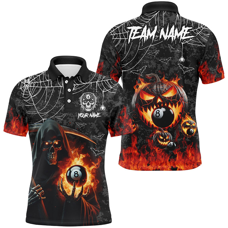 Grim Reaper With Pumpkin Fire Custom Billiard Shirts For Men, Halloween Flame Billiard Shirts TDM2427