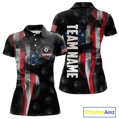 Personalized Vintage Smoke US Flag Billiard Shirts For Women, 8 Ball Pool Patriotic Billiard Jerseys TDM4731