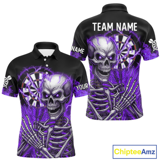 Purple Flaming Lightning Skeleton Darts Shirt For Men Custom Skull Dart Jersey Team Polo & 1/4 Zip TDM4739