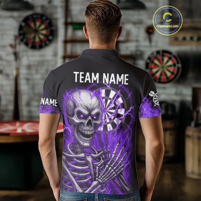 Purple Flaming Lightning Skeleton Darts Shirt For Men Custom Skull Dart Jersey Team Polo & 1/4 Zip TDM4739