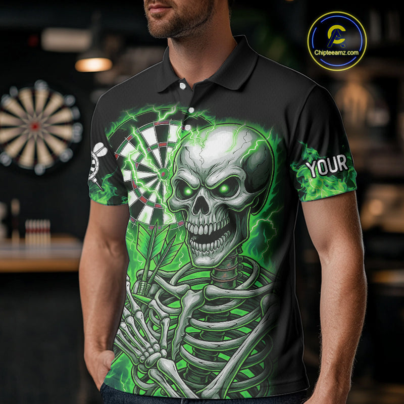 Green Flaming Lightning Skeleton Darts Shirt For Men Custom Skull Dart Jersey Team Polo & 1/4 Zip TDM4740