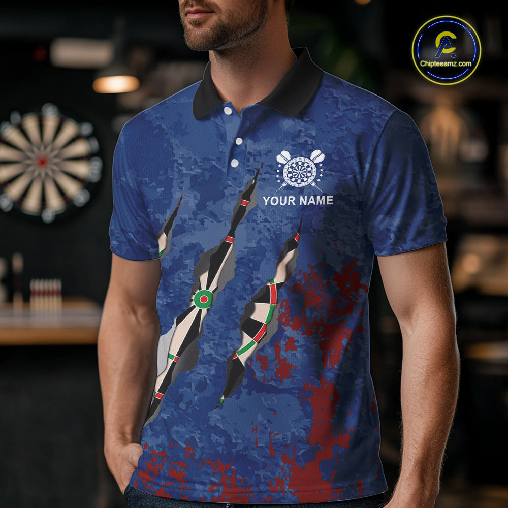 Custom Blue Red Grunge Dart Shirts With Pocket Option For Men, Darts Jersey TDM5372