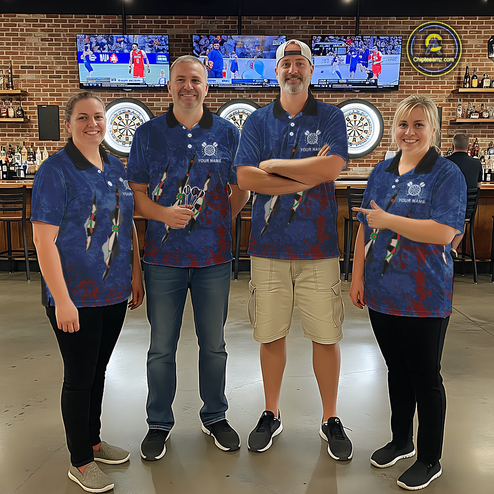 Custom Blue Red Grunge Dart Shirts With Pocket Option For Men, Darts Jersey TDM5372