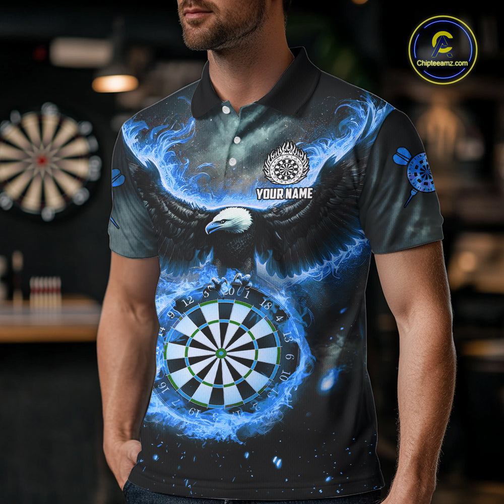 Personalized Fire Flame Blue Dartboard Eagle Dart Shirts For Men, Darts League Team Jerseys TDM5373