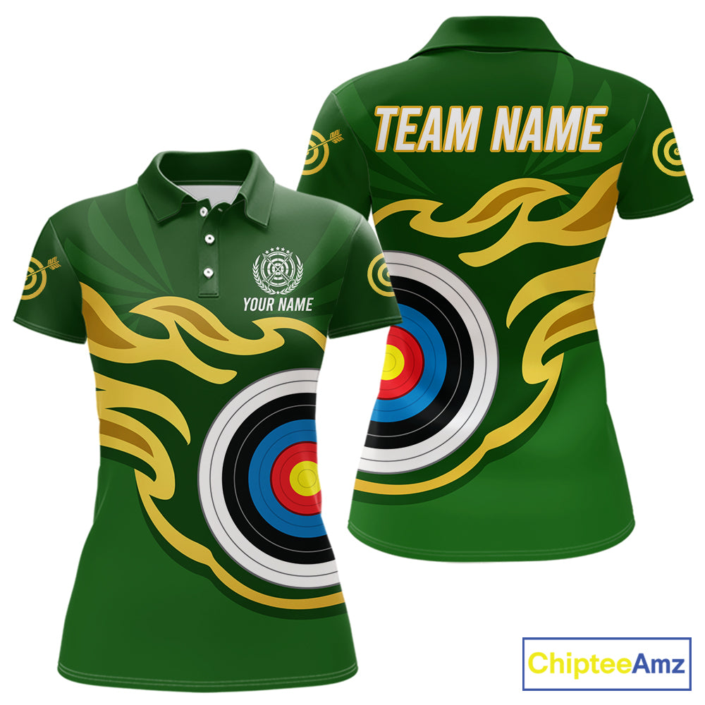 Personalized Green Archery Flame Polo & 1/4 Zip For Women Custom Golden Archery Team Jersey TDM5871
