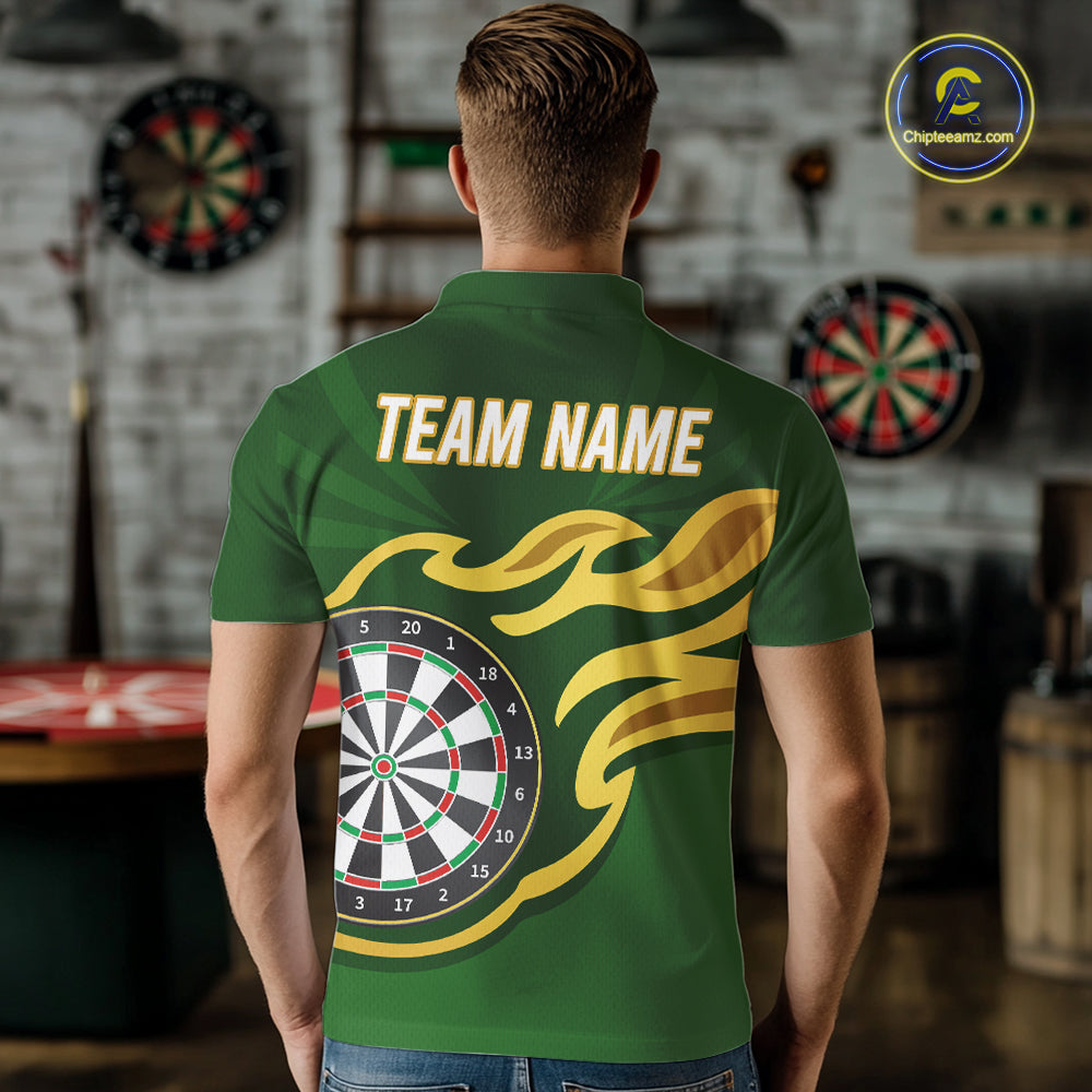 Personalized Green Dartboard Flame Gold Darts Shirt For Men, Darts Jersey Team Polo & 1/4 Zip TDM5872