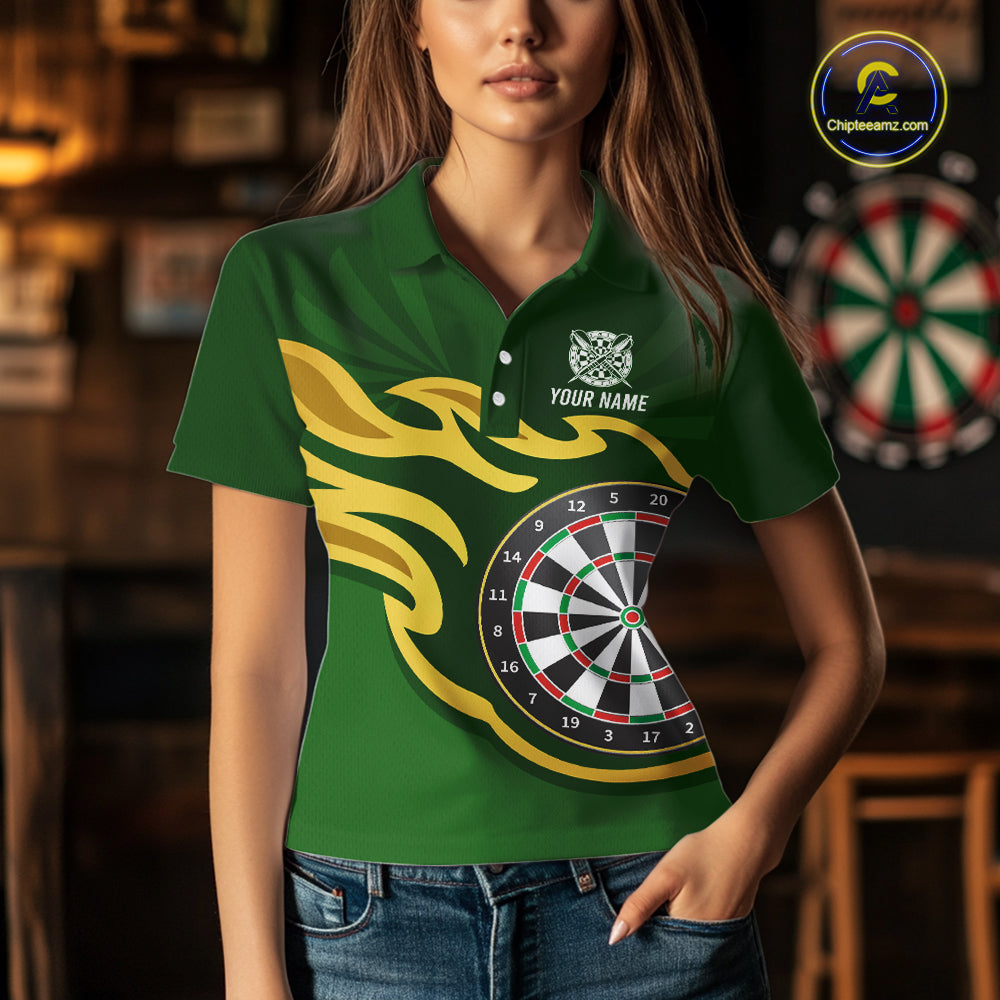 Personalized Green Dartboard Flame Gold Darts Shirt For Women, Darts Jersey Team Polo & 1/4 Zip TDM5872