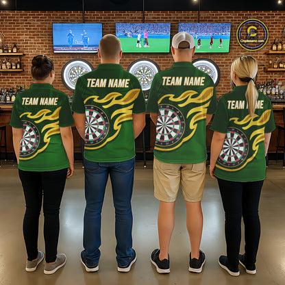 Personalized Green Dartboard Flame Gold Darts Shirt For Men, Darts Jersey Team Polo & 1/4 Zip TDM5872