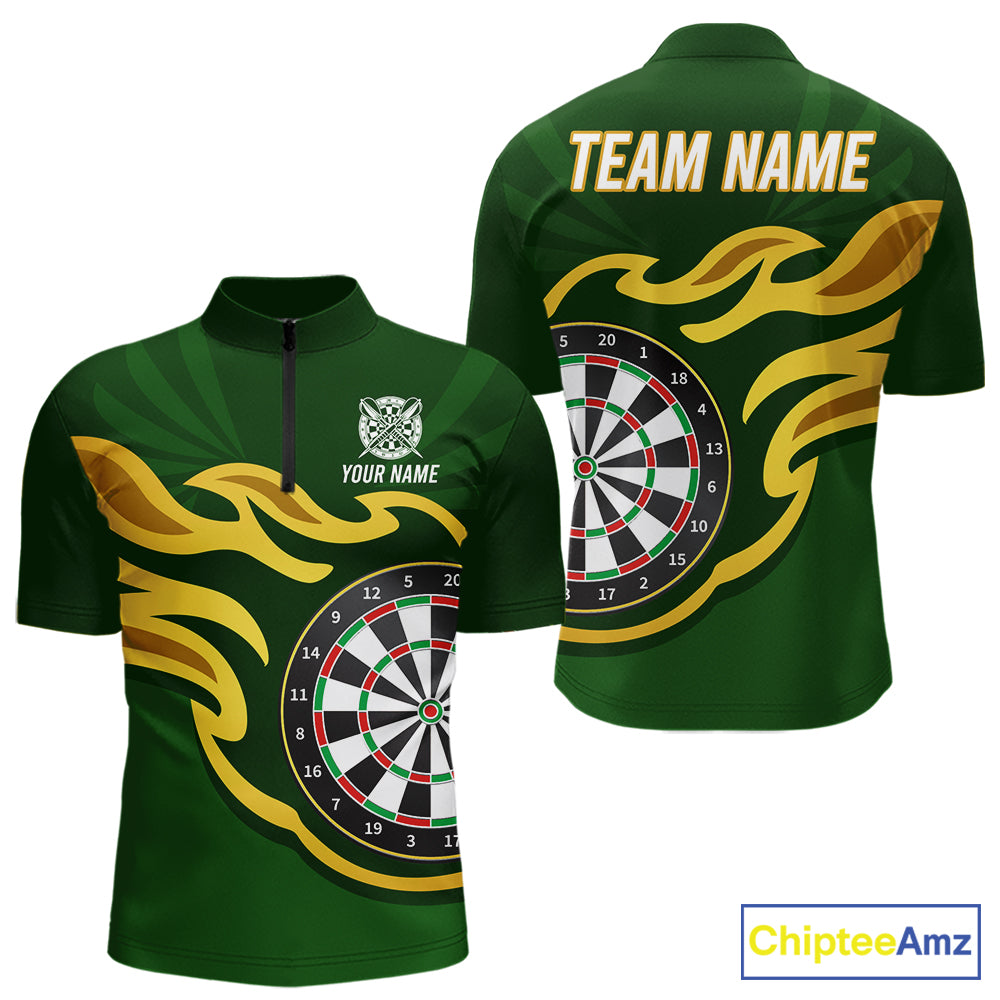 Personalized Green Dartboard Flame Gold Darts Shirt For Men, Darts Jersey Team Polo & 1/4 Zip TDM5872