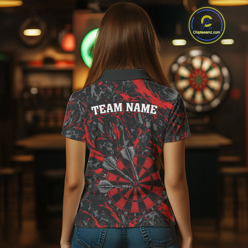 Custom Black And Red Grunge Camo Dart Shirts For Women, Camouflage Dart Team Jersey Polo & 1/4 Zip TDM3959