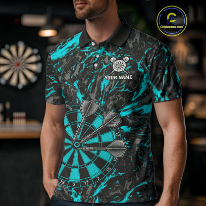 Custom Black And Blue Grunge Camo Dart Shirts For Men, Camouflage Dart Team Jersey Polo & 1/4 Zip TDM3960