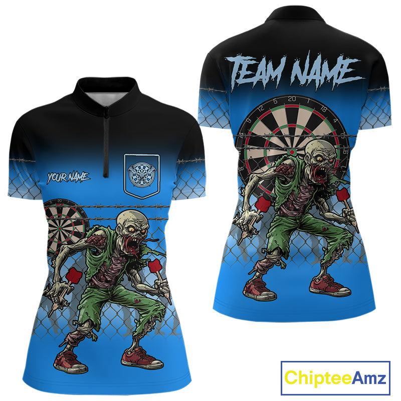 Blue Funny Zombie Dart Shirt With Pocket Option For Women Custom Darts Jersey TDM4937