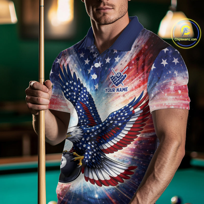 Personalized American Flag Eagle 8 Ball Billiard Shirt For Men, Patriotic Pool Team Jersey TDM5880