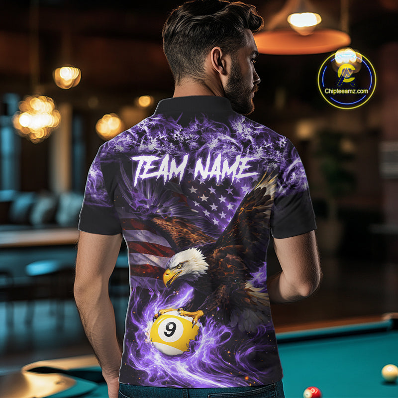 Purple Flaming Eagle 8 & 9 Ball Billiard Shirt For Men Custom US Flag Pool Jersey Polo, 1/4 Zip TDM6249
