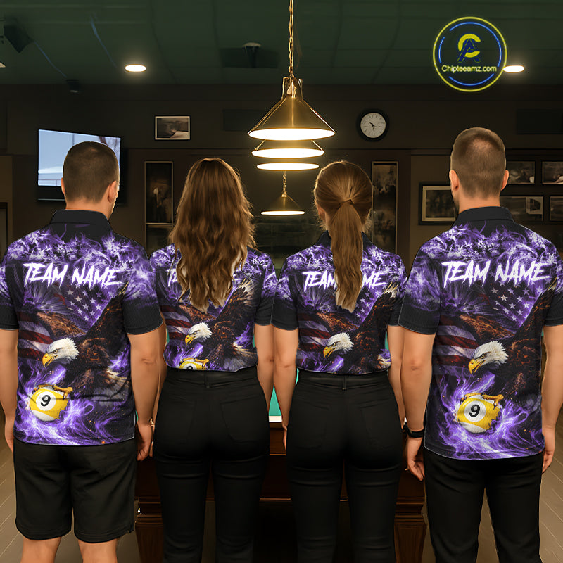 Purple Flaming Eagle 8 & 9 Ball Billiard Shirt For Women Custom US Flag Pool Jersey Polo, 1/4 Zip TDM6249
