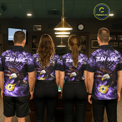 Purple Flaming Eagle 8 & 9 Ball Billiard Shirt For Women Custom US Flag Pool Jersey Polo, 1/4 Zip TDM6249