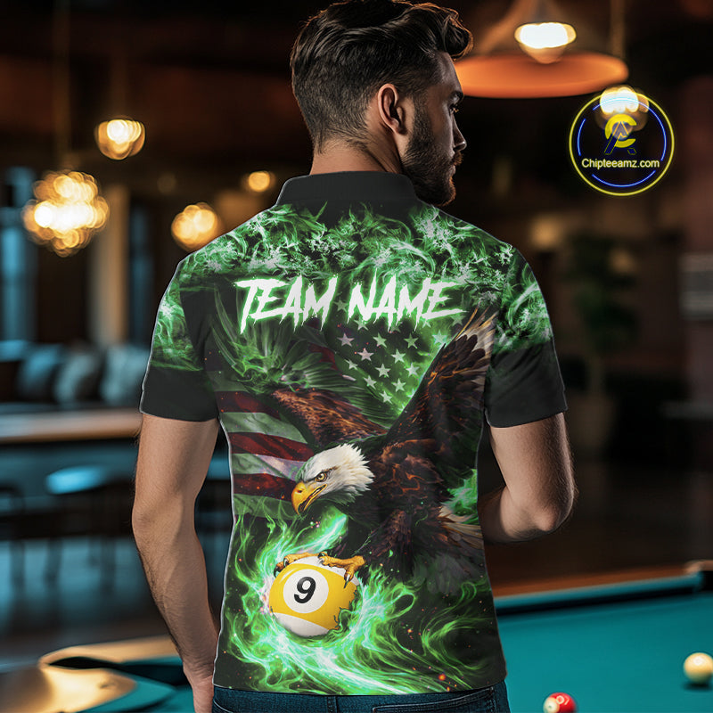 Green Flaming Eagle 8 & 9 Ball Billiard Shirt For Men Custom US Flag Pool Jersey Polo, 1/4 Zip TDM6250