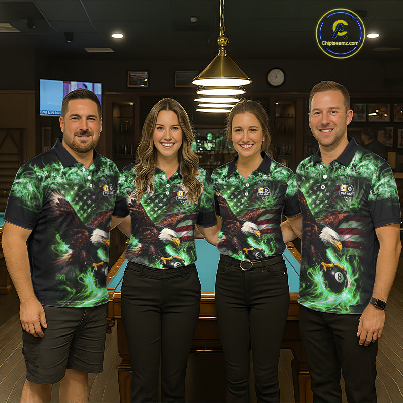 Green Flaming Eagle 8 & 9 Ball Billiard Shirt For Women Custom US Flag Pool Jersey Polo, 1/4 Zip TDM6250