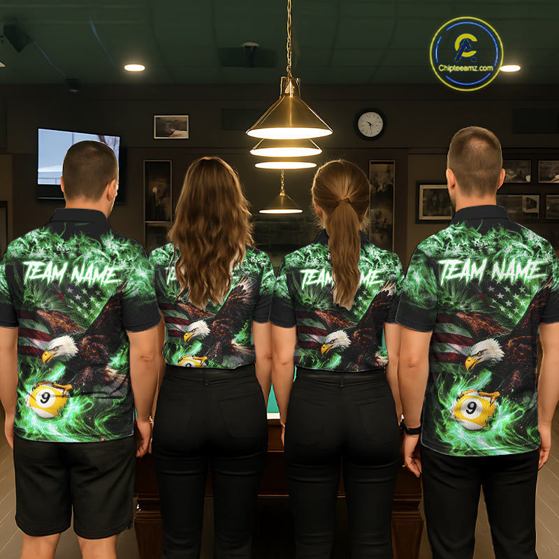 Green Flaming Eagle 8 & 9 Ball Billiard Shirt For Women Custom US Flag Pool Jersey Polo, 1/4 Zip TDM6250