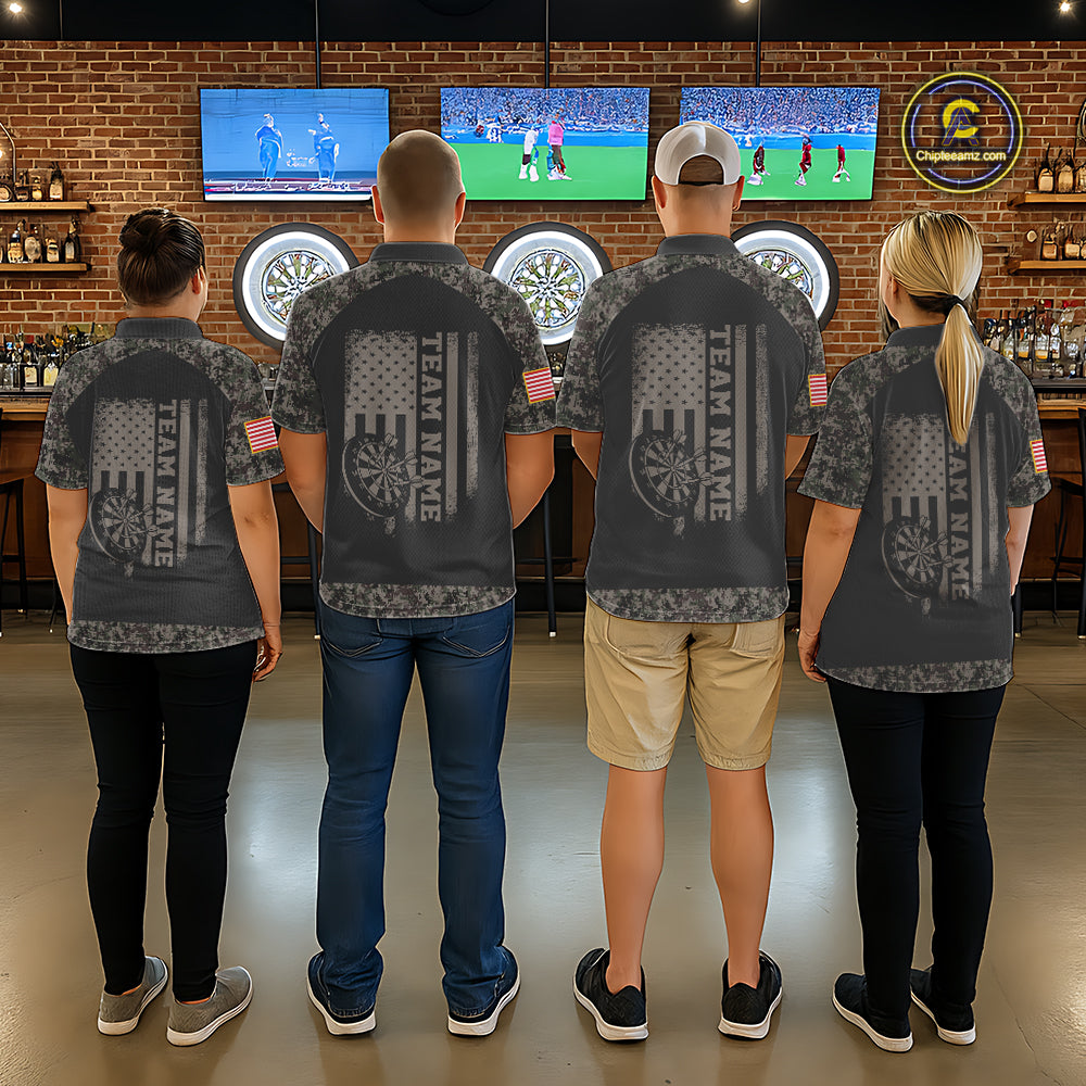Personalized Retro Camo US Flag Darts Shirt For Men, Patriotic Darts Team Jersey Polo & 1/4 Zip TDM6260