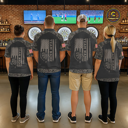 Personalized Retro Camo US Flag Darts Shirt For Men, Patriotic Darts Team Jersey Polo & 1/4 Zip TDM6260