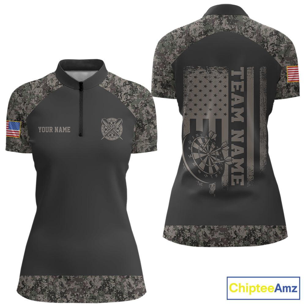 Personalized Retro Camo US Flag Darts Shirt For Women, Patriotic Darts Team Jersey Polo & 1/4 Zip TDM6260