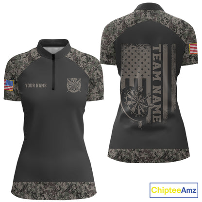 Personalized Retro Camo US Flag Darts Shirt For Women, Patriotic Darts Team Jersey Polo & 1/4 Zip TDM6260