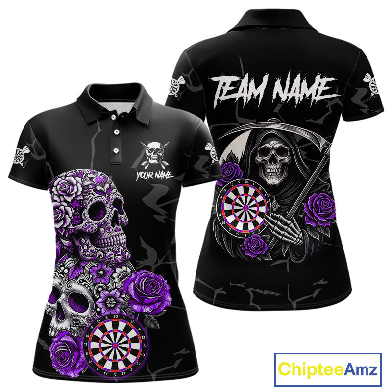 Personalized Funny Purple Skull Roses Darts Shirt For Women Custom Darts Team Jersey, Darts Outfit TDM4144